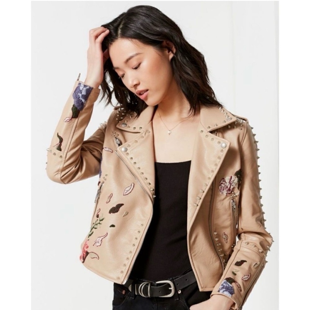 NWOT BLANKNYC Beige Vegan Leather Jacket with Studs and Floral embroidery